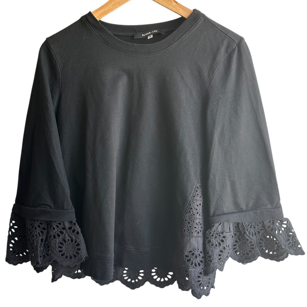 Sugar +Lips Black Eyelet Top Bell Sleeve Cotton Small Chic‎ Goth Casual NWOT